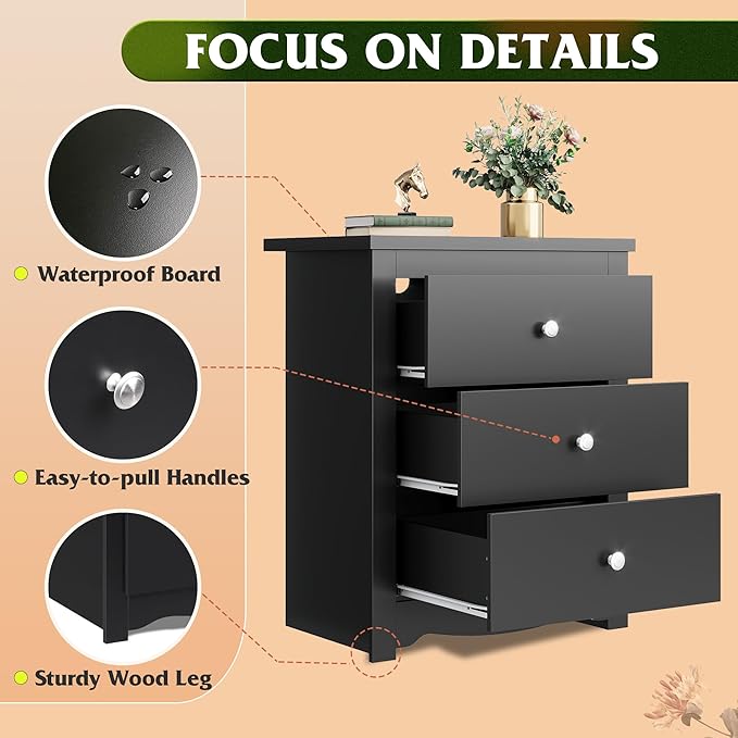 WLIVE Tall Nightstand with Charging Station, Wood Night Stand with 3 Drawers - Image 6