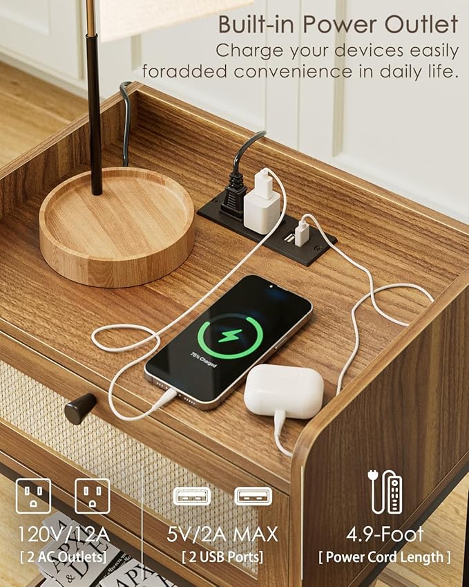 Masupu Nightstand with Charging Station, Modern Bedside Table Night Stand with - Image 4