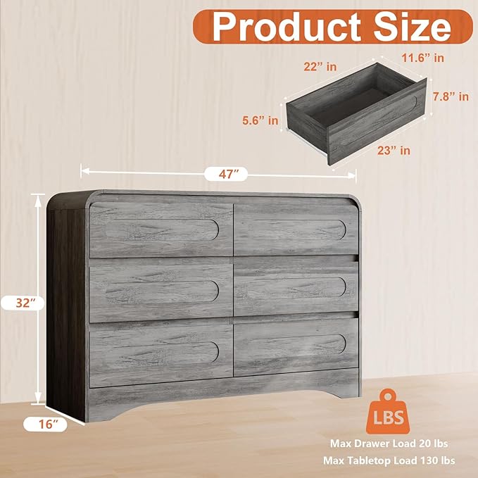 Dresser for Bedroom with 6 Drawers, Wood Closet Clothes Storage Dressers - Image 2