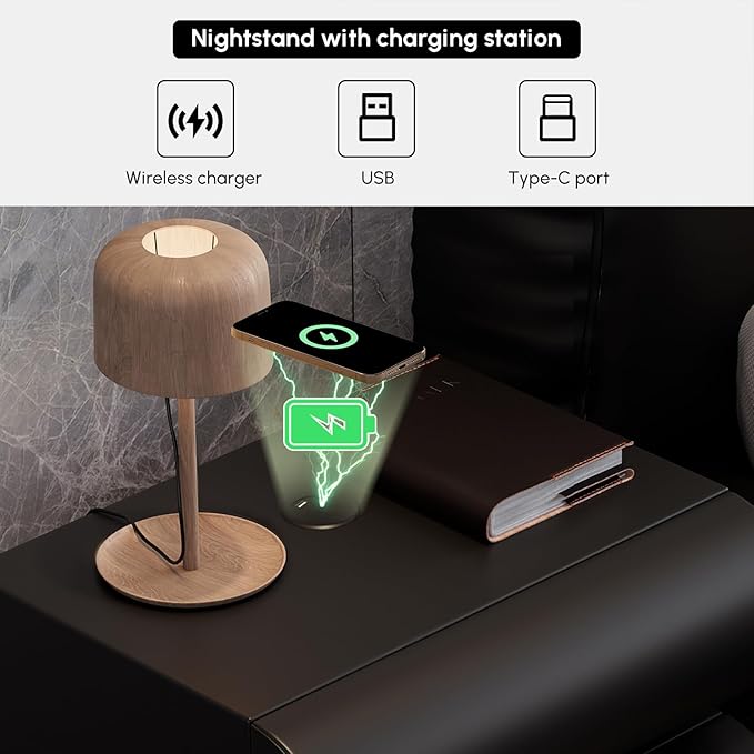 homary Smart Nightstand Modern Black Leather Nightstands - Image 3