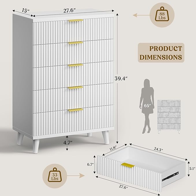 Lulive White Dresser for Bedroom Wood Tall Dressers Drawers, Fluted Modern - Image 2