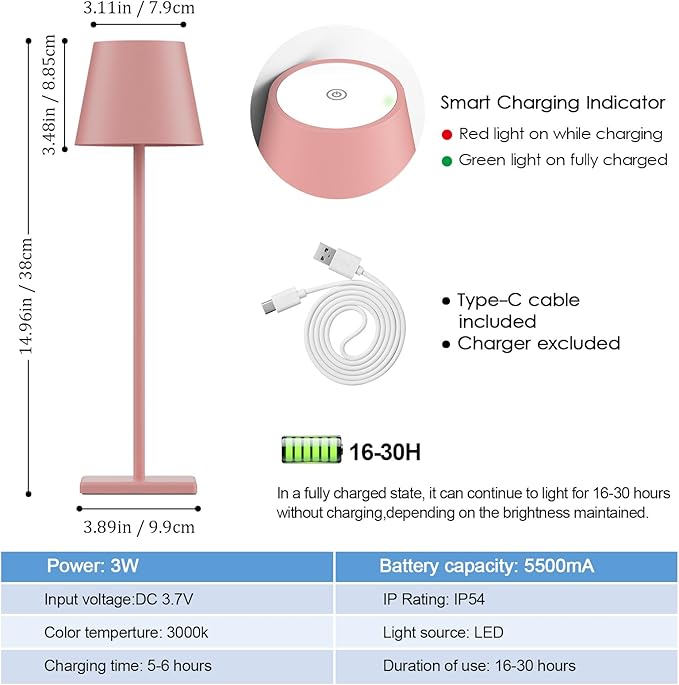 2-Pack LED Cordless Table Lamp, Rechargeable Battery Desk lamp 3W 5500mAh - Image 7