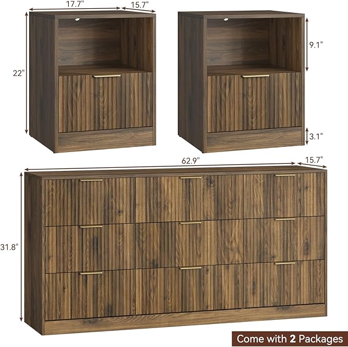 9 Drawer Dresser & Nightstand Set 3-Piece, 63” Wide Bedroom Dresser Set Night - Image 2