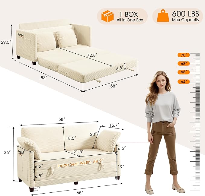 65" Loveseat Sleeper Sofa Bed, Corduroy Convertible Sofa Bed - Image 2