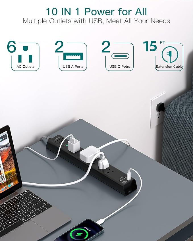 Surge Protector Power Strip 15 Ft Cord, Ultra Thin Flat Extension Cord - Image 3