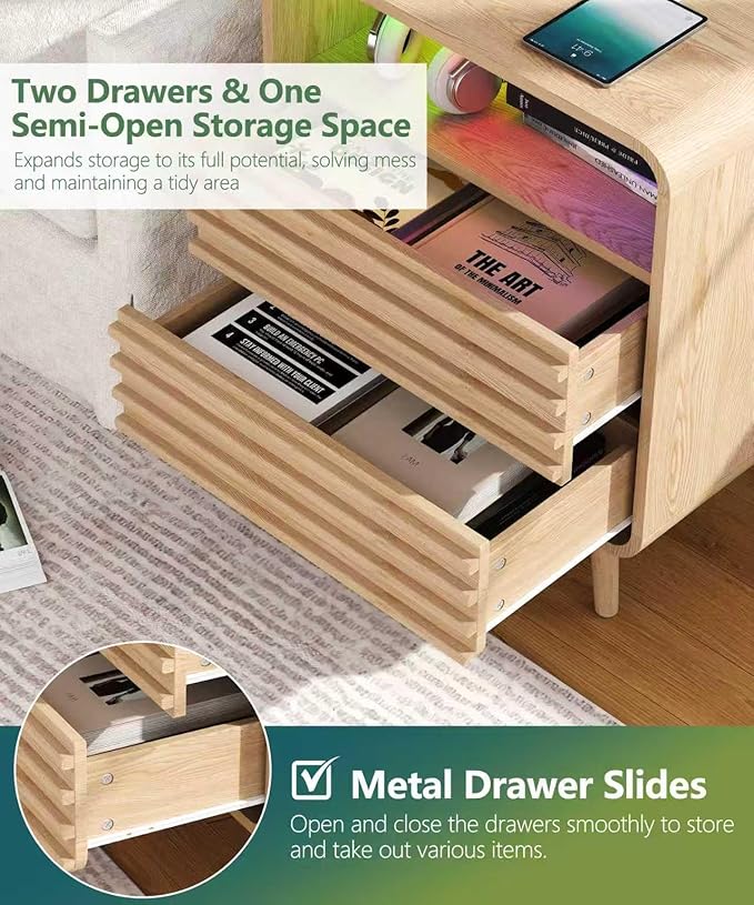 22.4"W Fluted Night Stand with 2 Drawers and Opening Shelf, RGB Nightstand with - Image 3