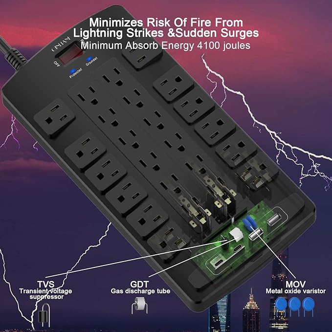 QINLIANF Surge Protector Power Strip - 10Ft Flat Plug Heavy Duty Extension Cord - Image 5