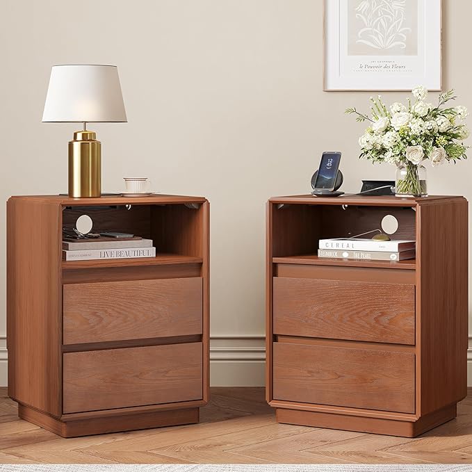 Solid Wood Nightstand Set of 2, Natural Wood Night Stand by SUCSSRICH