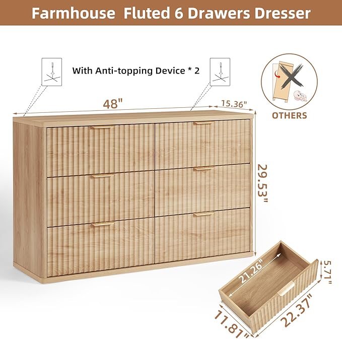 LEYAOYAO Fluted 6 Drawers Dresser Set of 2, Natural Curved Profile Dresser TV - Image 3