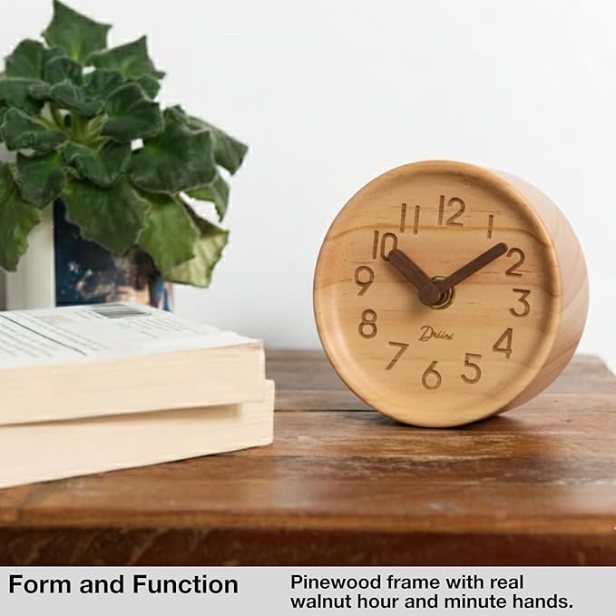 Driini Wooden Analog Desktop Clock – 4.3 in. Decorative Pinewood, No-Tick - Image 2