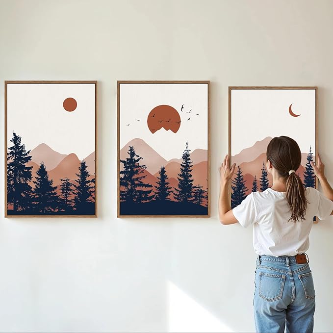 YeeHomedec Large Boho Mountain Framed Canvas Wall Art, Mid Century Modern Wall - Image 2