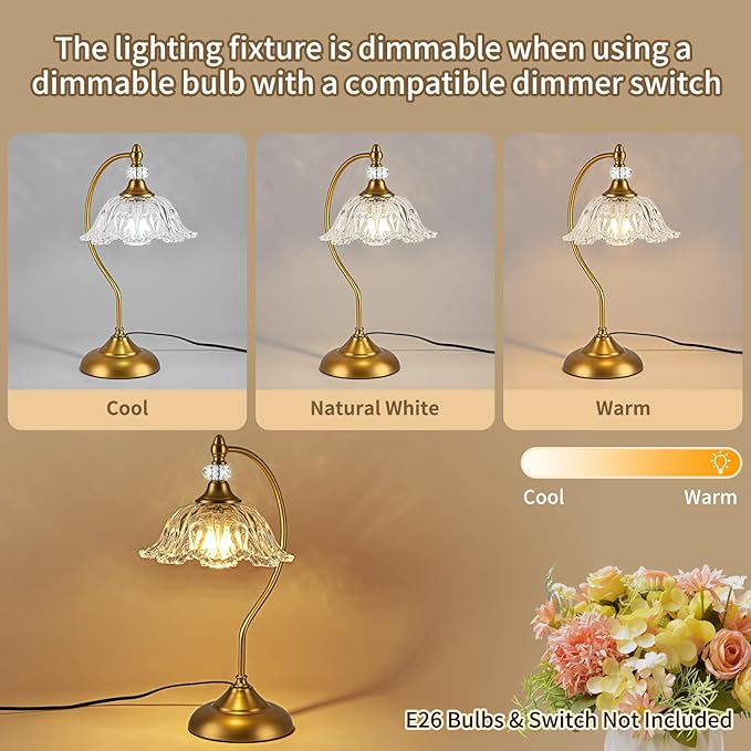 Vintage Table Lamp with a Floral Clear Glass Shade, A Plug-in Nightstand Lamp - Image 4