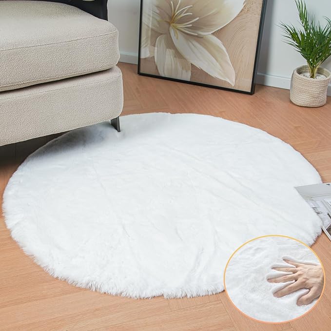 White Faux Fur Round Rug 4ft Fluffy Rabbit Fur Rug Machine Washable Circle Area by ORINOVA