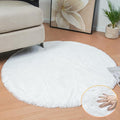 White Faux Fur Round Rug 4ft Fluffy Rabbit Fur Rug Machine Washable Circle Area by ORINOVA