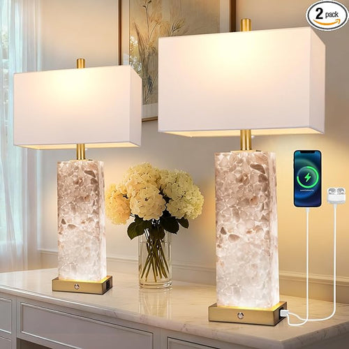 2-Pack 25.6" Alabaster Lamps, Marble Lamp Nightstand Lamps Set of 2, 3-Color by Vallerico