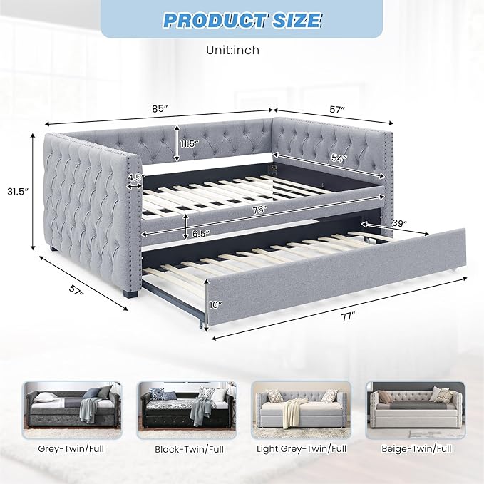 Daybed with Trundle, Modern Upholstered Full Size Day Bed Button-Tufted Sofa - Image 2