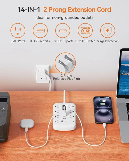 2 Prong Power Strip, 3 to 2 Prong Outlet Adapter, 1700J 2 Prong Surge Protector - Image 2