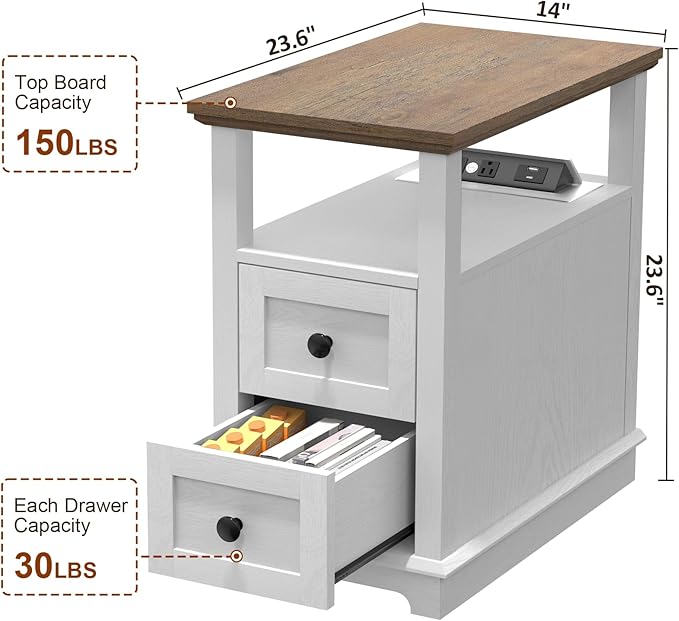 HIFYOBRO Narrow End Table with Flip Top Charging Station and 2 Drawers - Image 5