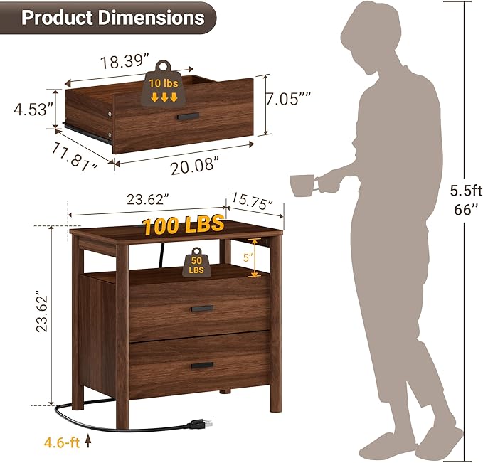 FavourLife Night Stand Set 2, Walnut Nightstand - Image 2