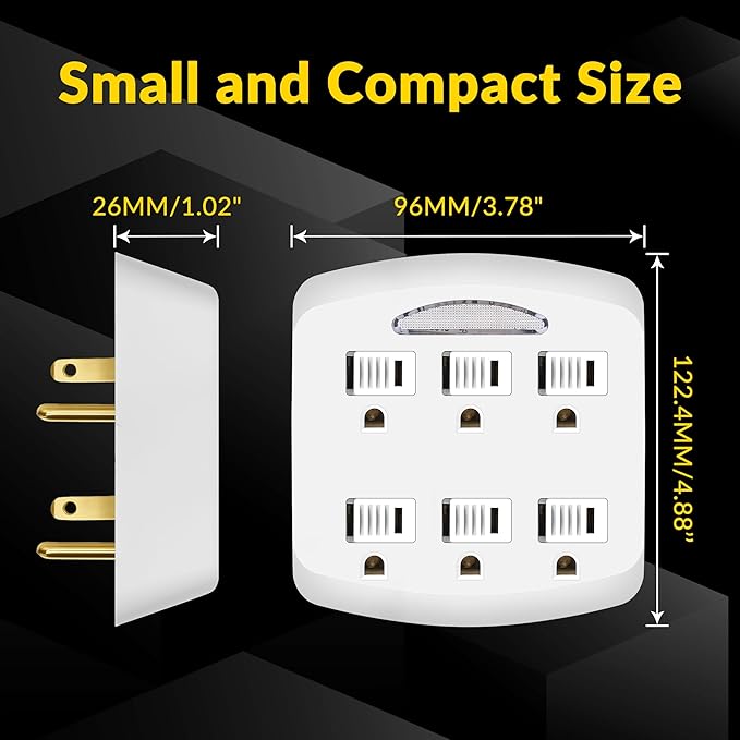 6-Outlet Extender 2 Pack, 3-Prong Ground Wall Tap Adapter - Image 2