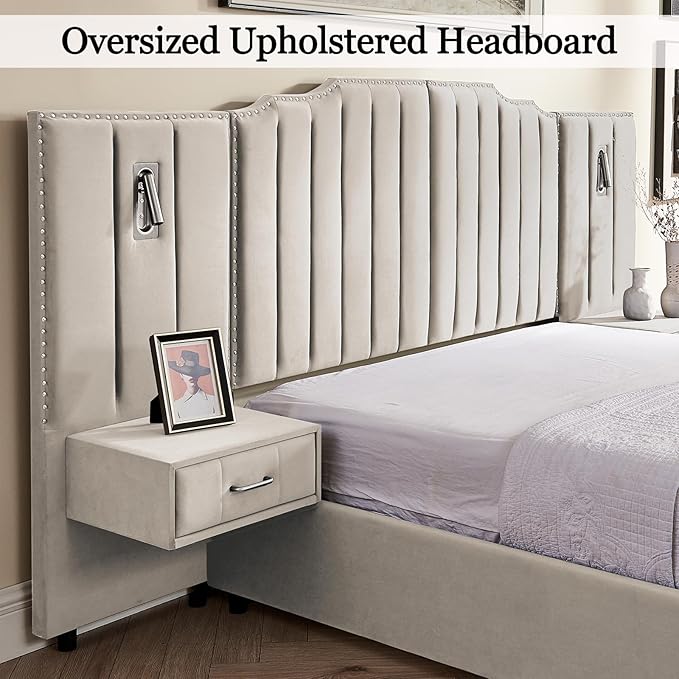 Luxury Queen Bed Frame with Headboard and Storage, Velvet Fabric Upholstered - Image 5