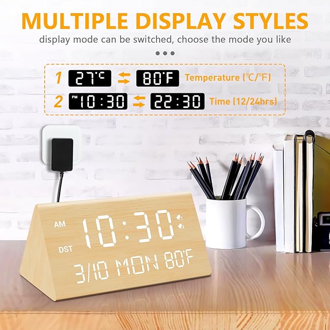 Kogonee Wooden Digital Alarm Clock, 0-100% Dimmer, 2 Alarm Settings, - Image 6
