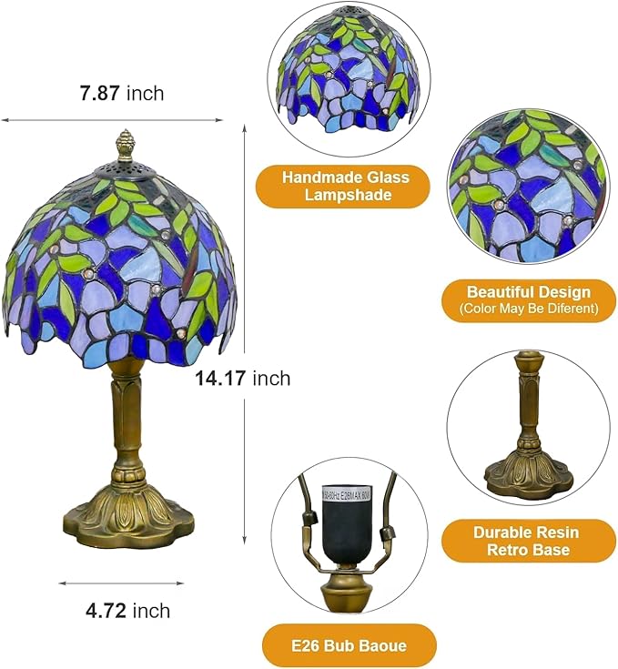 Tiffany Table Lamp Mini Nightstand Lamps Stained Glass Bedside Lamp Wisteria - Image 2