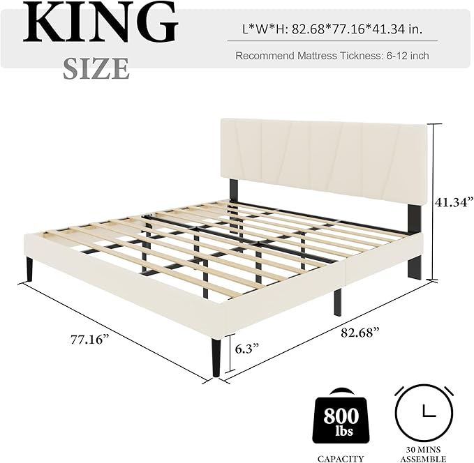 King Size Bed Frame with Fabric Upholstered Headboard, Platform Bed with Wooden - Image 2