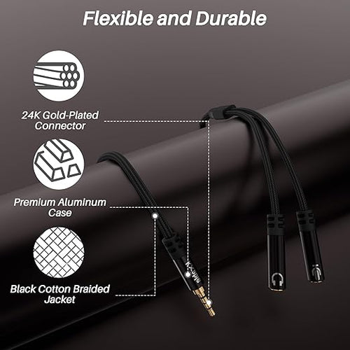 1/8inch Aux Headphone Splitter 2 Way Cable 2FT, 3.5mm 1 Male to 2 Female Mic - Image 2