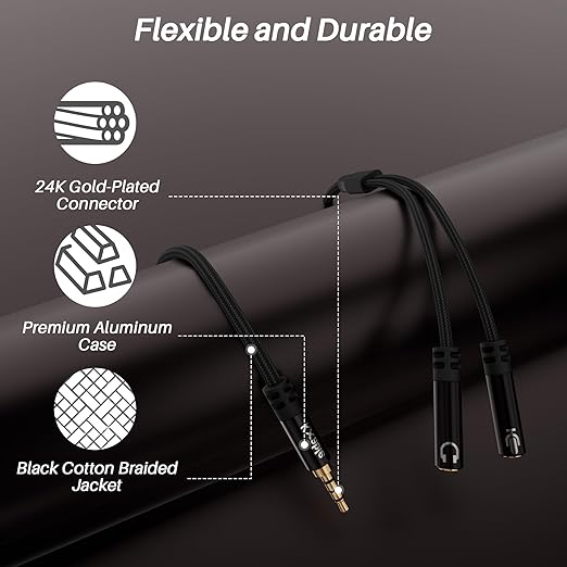 1/8inch Aux Headphone Splitter 2 Way Cable 3FT, 3.5mm 1 Male to 2 Female Mic - Image 2