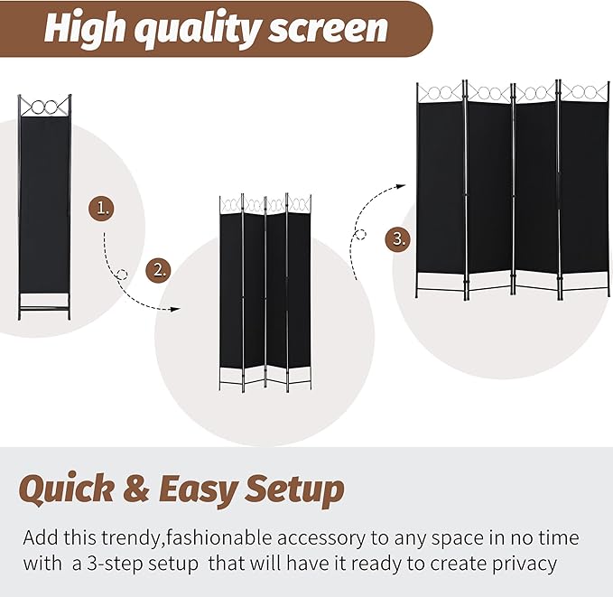 FDW 4 Panel Room Divider and Folding Portable Partition Screen, 6FT Wall - Image 4