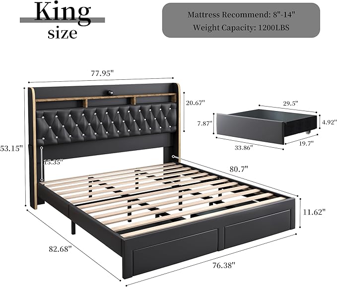 King LED Bed Frame with 2 Storage Drawers, PU Upholstered Platform Beds with - Image 2
