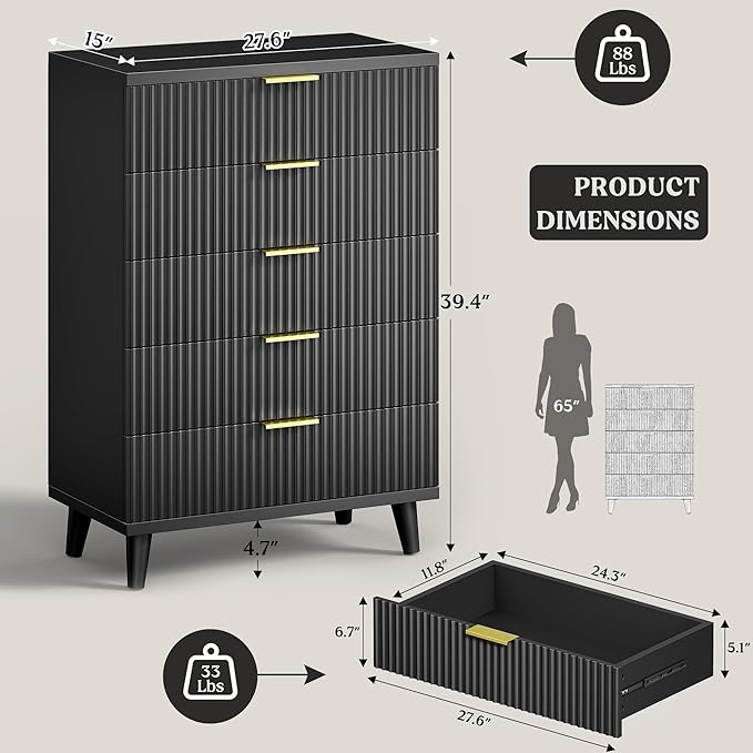 Lulive Black Dresser for Bedroom Wood Tall Dressers Drawers, Fluted Modern - Image 2