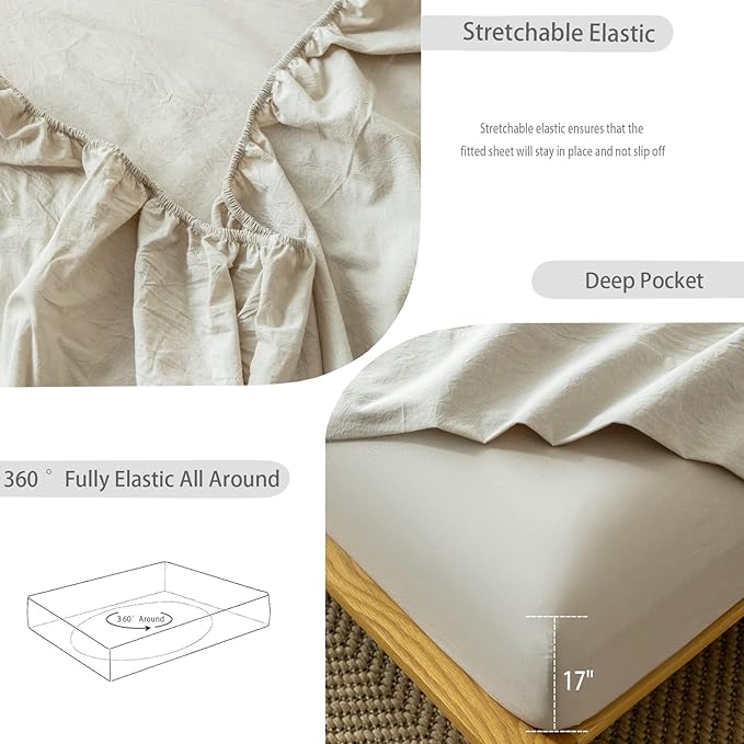MooMee Fitted Bottom Sheet Only 100% Washed Cotton Linen Like Textured - Image 6