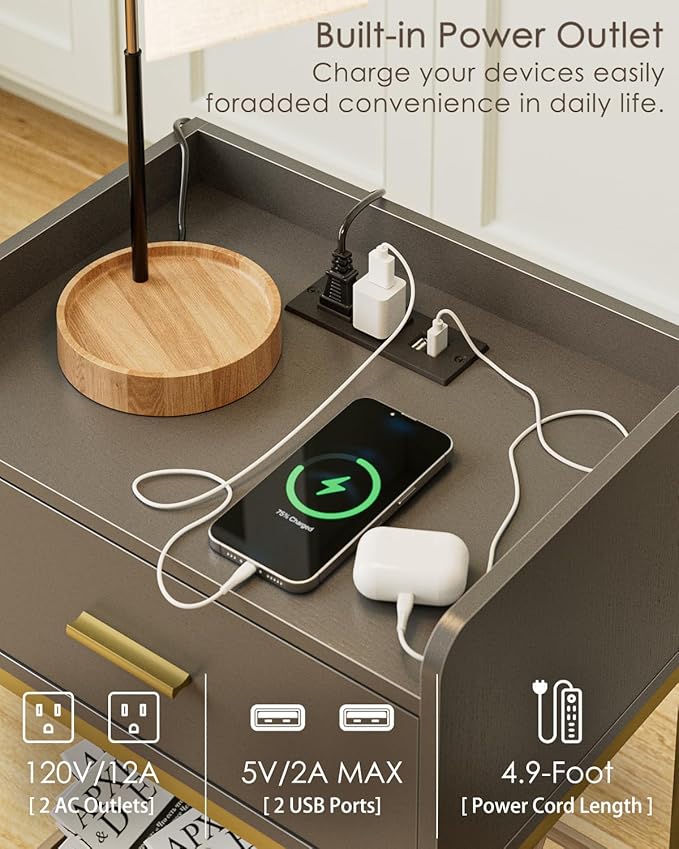 Masupu Nightstand with Charging Station, 3-Tier Modern Bedside Night Stand with - Image 4