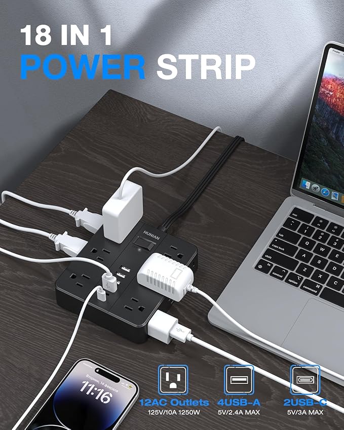 Flat Plug Power Strip Surge Protector, HUNIAN 5 Ft Extension Cord - Image 2