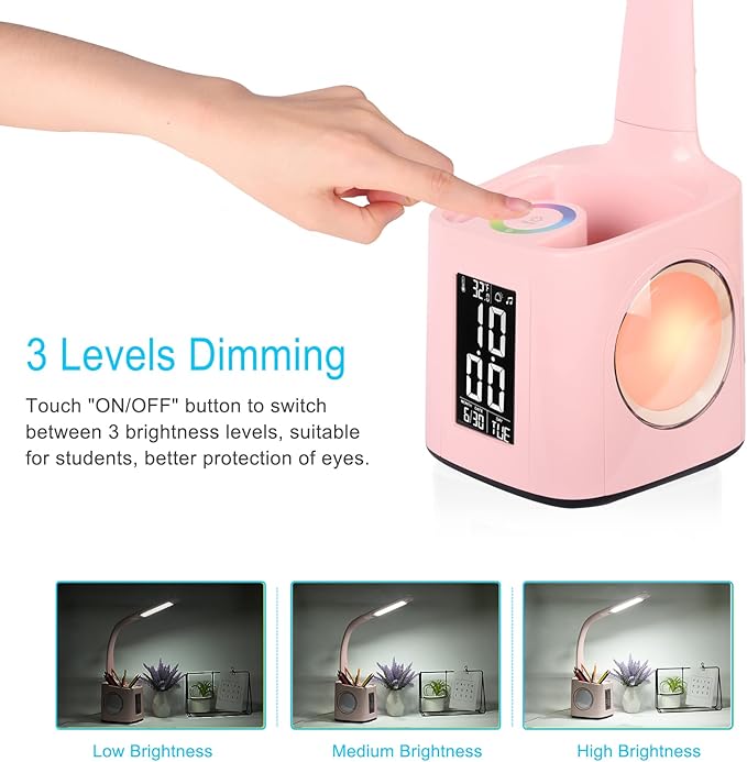 wanjiaone LED Desk Lamp with Clock, Color Changing Nightlight, Study Lamp with - Image 5