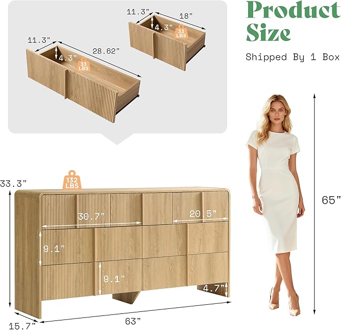 AMERLIFE 63" Fluted 7 Drawer Dresser, Wide Modern Chest of Storage Drawers - Image 2