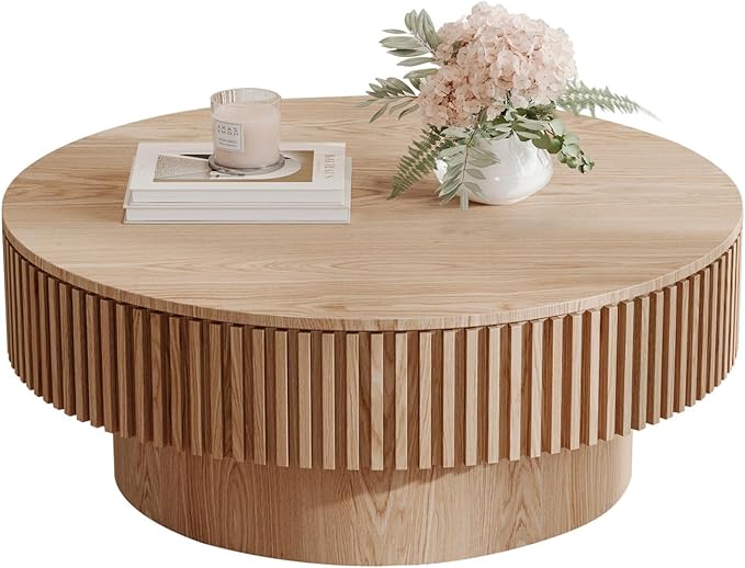 LKTART Round Coffee Table for Living Room, Accent Fluted Drum Coffee Table by LKTART