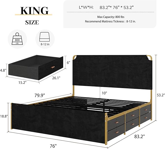 King Size Bed Frame with 12 Storage Drawers and Headboard, Metal Platform - Image 2