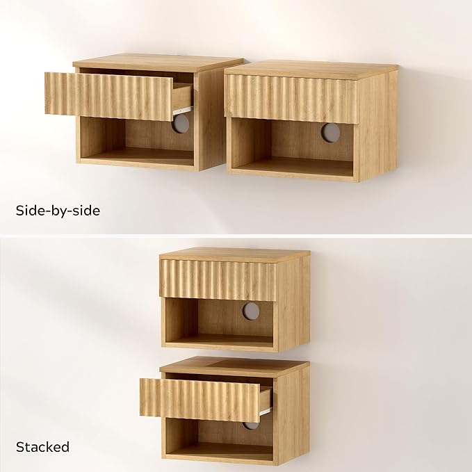 Floating Nightstand with Drawer, Modern Small Night Stand with Fluted Door and - Image 7