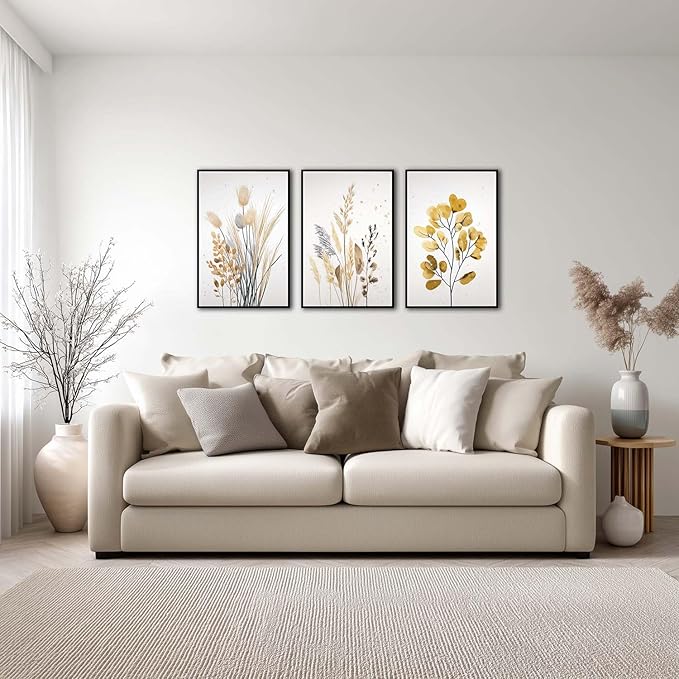 YCJKJDZ Framed Beige Botanical Canvas Wall Art Set of 3, Boho Watercolor - Image 2