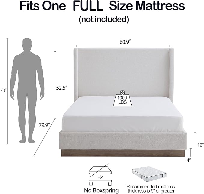 Full Size Upholstered Platform Bed Frame, 52.5" Tall Headboard Hosford Wingback - Image 2