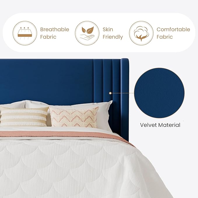 SHA CERLIN King Size Velvet Upholstered Platform Bed Frame - Image 6