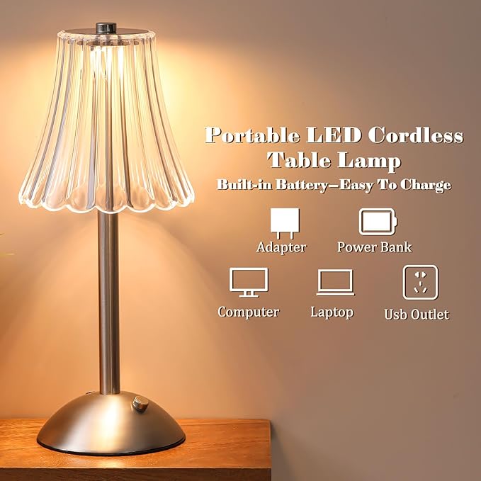 Liliful 2 Pcs Cordless Table Lamp Rechargeable Touch LED Small Gold Portable - Image 3