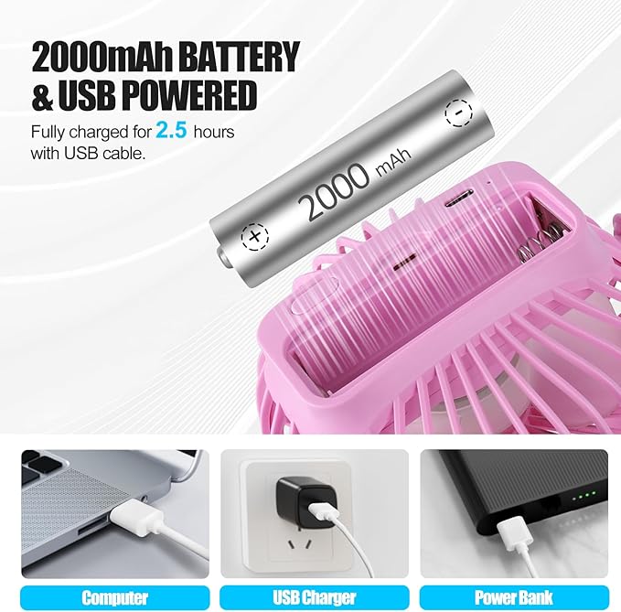 PureHome Portable Clip Fan Battery Operated, 3 Speeds USB Rechargeable Mini - Image 3