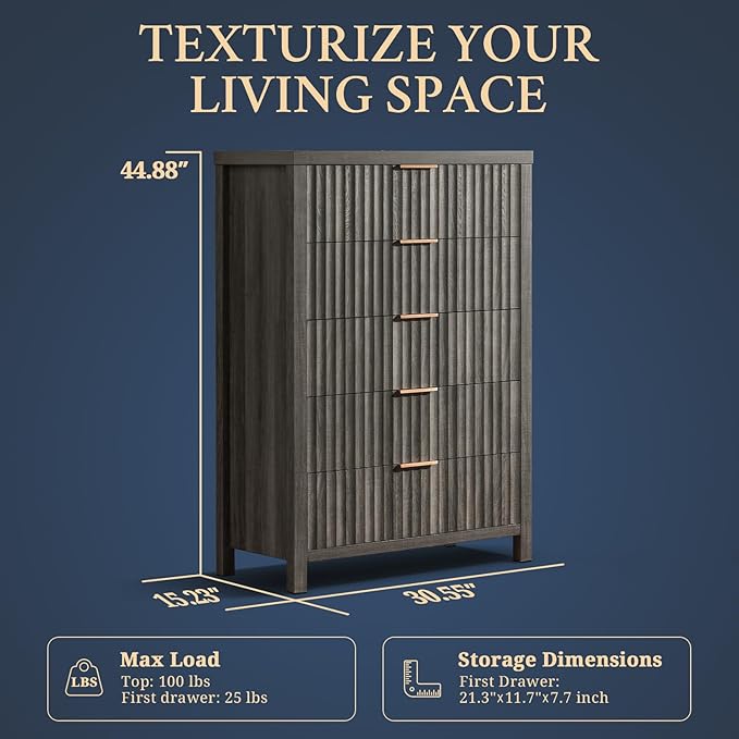 5 Drawers Dresser for Bedroom, 44 Inches Tall Modern Bedroom Dressers, Chest of - Image 3