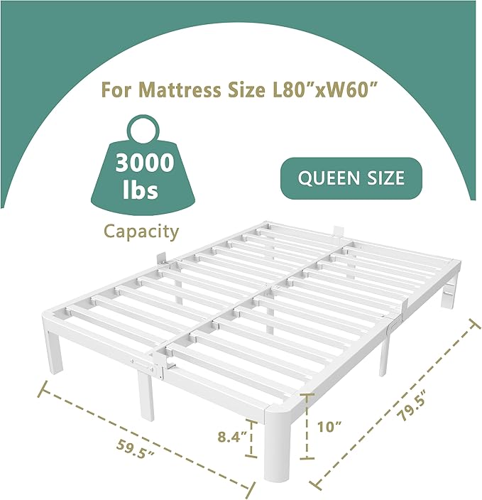 ITIMIDI 10 Inch White Bed Frame Queen, Queen Size Metal Platform Bed Frames - Image 2