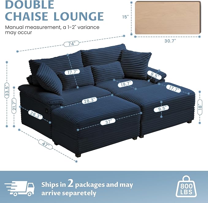 SUNWAVE 74" Double Chaise Lounge Chair Indoor, Loveseat - Image 2