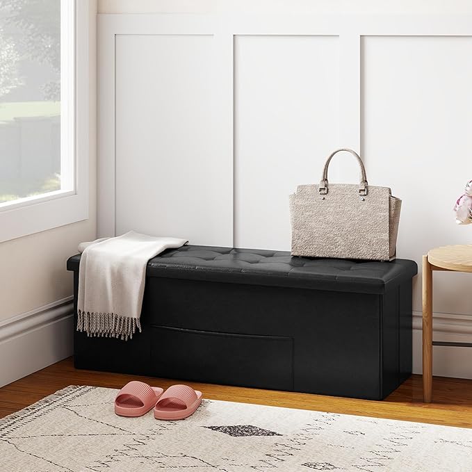 Giantex 43 Inches Folding Storage Ottoman Bench, Upholstered PU Leather Storage - Image 2